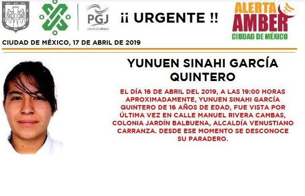 Foto: Alerta Amber Yunuen Sinahí García Quintero, 17 de abril de 2019