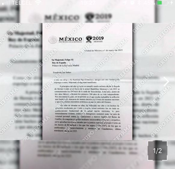 Foo: Borrador de la carta que el presidente López Obrador le envió al rey de España para exigirle una disculpa por los abusos sucedidos durante la Conquista, 10 de abril 2019