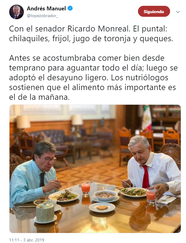 FOTO Chilaquiles para AMLO en desayuno con Ricardo Monreal (Twitter 3 abril 2019 cdmx)