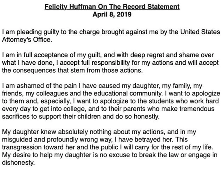 Felicity Huffman se declara culpable en caso de sobornos
