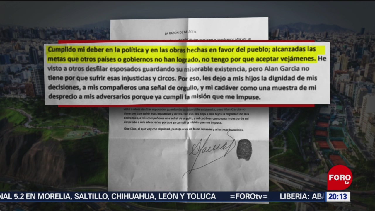 FOTO: Expresidente de Perú deja carta donde describe los motivos para suicidarse, 19 ABRIL 2019