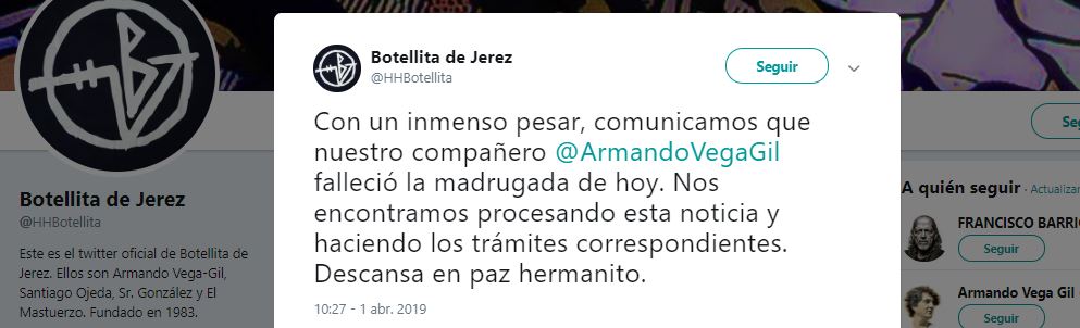 Foto: Muere Armando Vega Gil, fundador e integrante del Botellita de Jerez 1 abril 2019