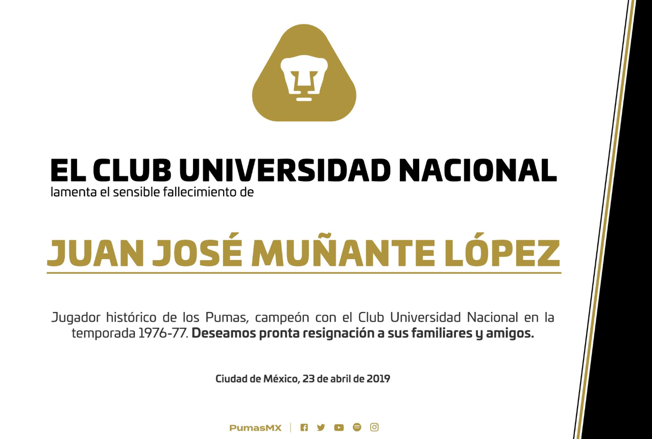 IMAGEN Muere Juan José 'La Cobra' Muñante, jugador histórico de Pumas (Twitter PUMAS)