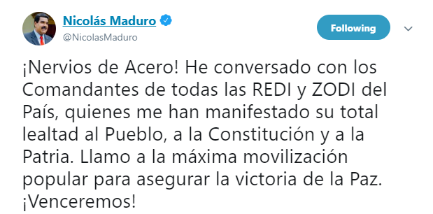 IMAGEN Nicolás Maduro dice que tiene "total lealtad" de militares (Twitter 30 abril 2019)