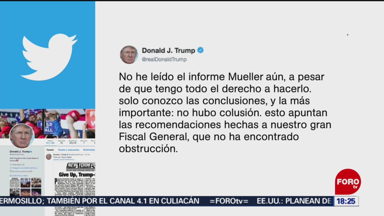 FOTO: No he leído el informe Mueller aún, dice Trump, 6 de abril 2019