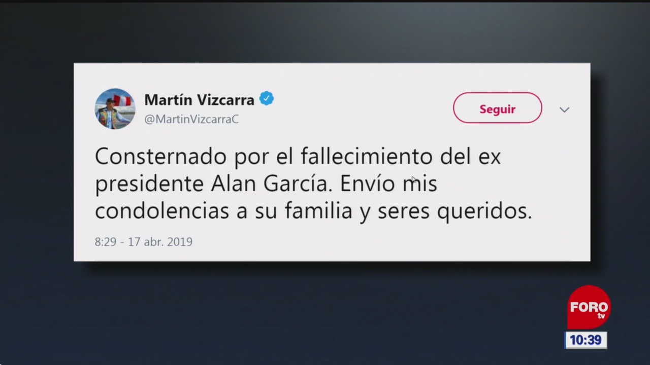 Presidente de Perú, consternado por suicidio de Alan García