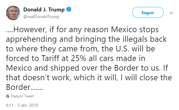 Imagen: Trump amenaza nuevamente a México con aranceles, 5 de abril de 2019, Washington, EU