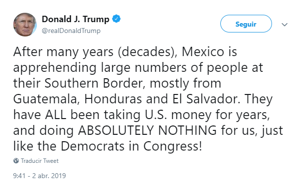 Foto: Trump felicita a México en Twitter, 2 de abril de 2019, Estados Unidos