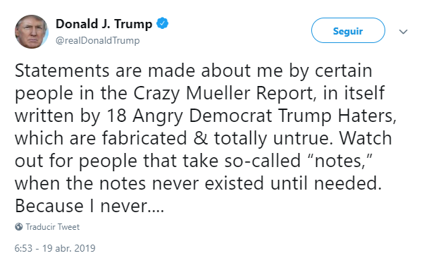 Imagen: Trump tuitea sobre informe respecto a trama rusa, 19 de abril de 2019, Estados Unidos 