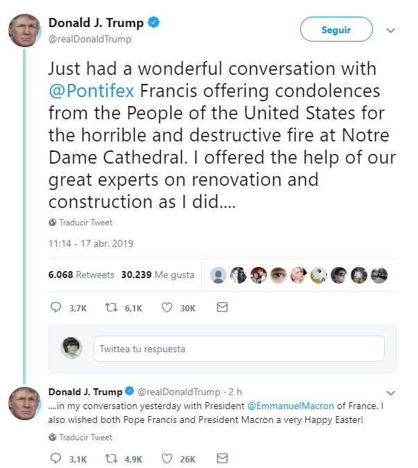 Imagen: Tuit de Trump sobre conversación con el papa Francisco, 17 de abril de 2019, Estados Unidos