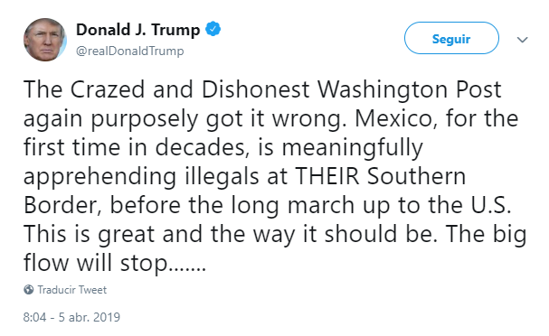 Imagen: Tuit de Trump sobre el Washington Post, 5 de abril de 2019, Washington 