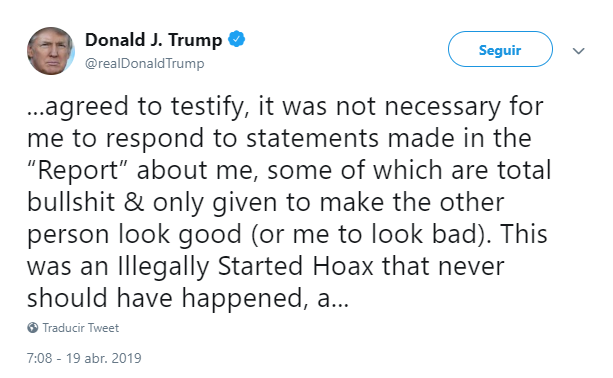 Foto: Tuit de Trump sobre informe acerca de trama rusa, 19 de abril de 2019, Estados Unidos