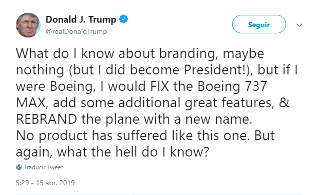 Imagen: Tuit de Trump sobre los aviones Boeing 737 MAX, 15 de abril de 2019, Estados Unidos 