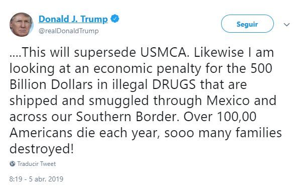 Imagen: Tuit de Trump sobre sanciones económicas contra México, 5 de abril de 2019, Washington, EU