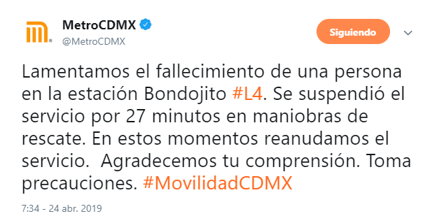 IMAGEN Detienen a hombre por arrojar a policía a vías del Metro CDMX, en Bondojito (Twitter 24 abril 2019 cdmx)