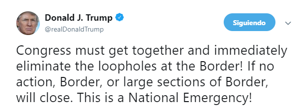 IMAGEN Trump exige acción al Congreso en frontera, mantiene amenaza de cierre (Twitter 3 abril 2019)