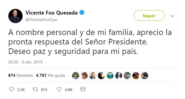 Fox agradece a López Obrador por brindarle seguridad