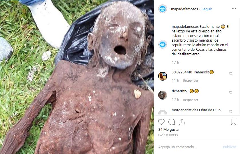 Una imagen del cuerpo momificado fue difundida por medios de comunicación locales y la cuenta de Instagram colombiana @mapadefamosos (Instagram @mapadefamosos)