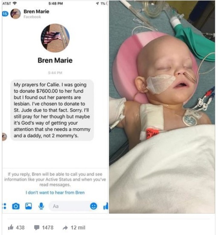 A la izquierda, el mensaje escrito por la mujer a la página de donaciones para la operación de Callie, quien a la derecha yace sobre una camilla durante un tratamiento de quimioterapia (Facebook/Callie strong,Tiny but mighty.)