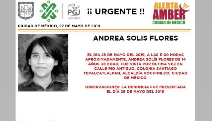 Foto Alerta Amber para ayudar a localizar a Andrea Solís Flores 27 mayo 2019