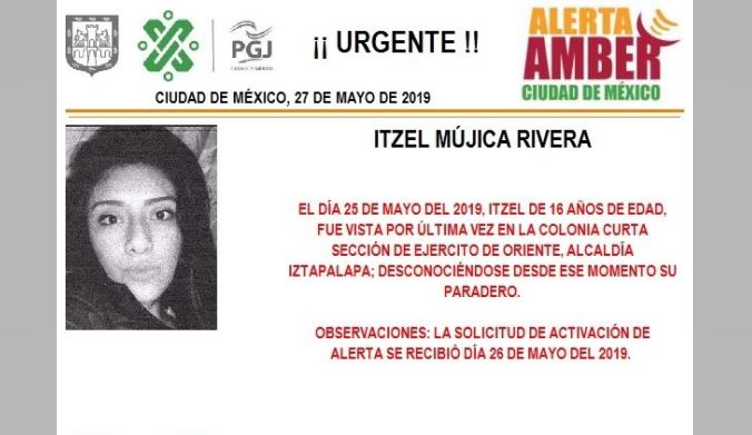 Foto Alerta Amber para ayudar a localizar a Itzel Mújica 27 mayo 2019