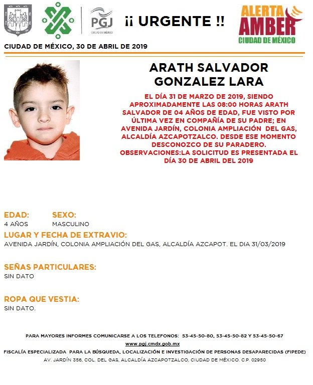 Foto Alerta Amber para localizar a Arath Salvador González Lara 1 mayo 2019