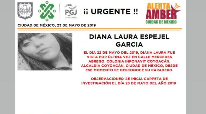 Foto Alerta Amber para localizar a Diana Laura Espejel García 24 mayo 2019