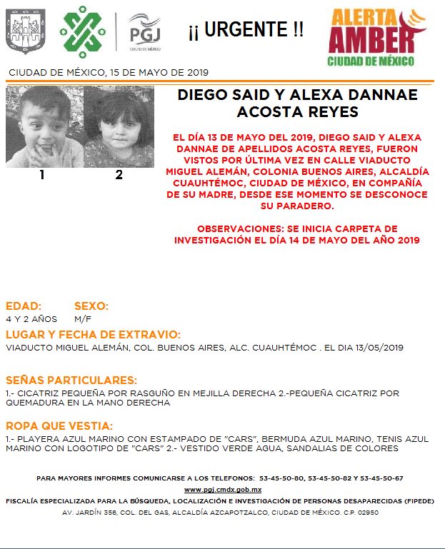 Foto Alerta Amber para localizar a Diego Said y Alexa Dannae Acosta Reyes 15 mayo 2019