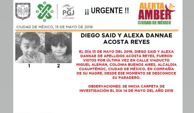 Foto Alerta Amber para localizar a Diego Said y Alexa Dannae Acosta Reyes 15 mayo 2019