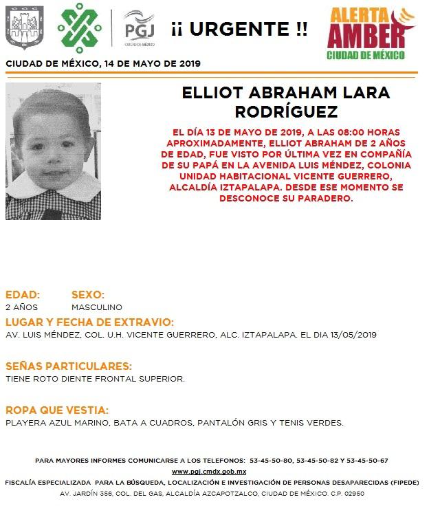Foto Alerta Amber para localizar a Elliot Abraham Lara Rodríguez 14 mayo 2019