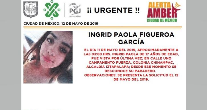 Foto Alerta Amber para localizar a Ingrid Paola 13 mayo 2019
