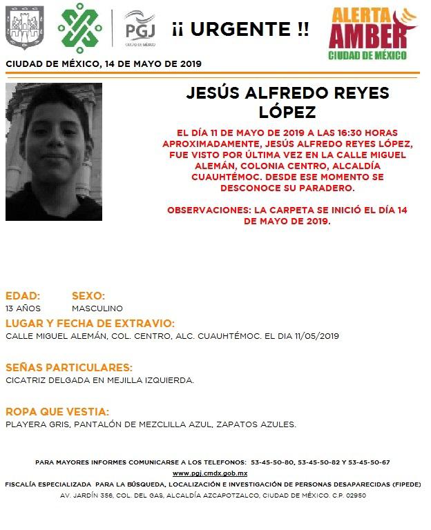 Foto Alerta Amber para localizar a Jesús Alfredo Reyes López 14 mayo 2019