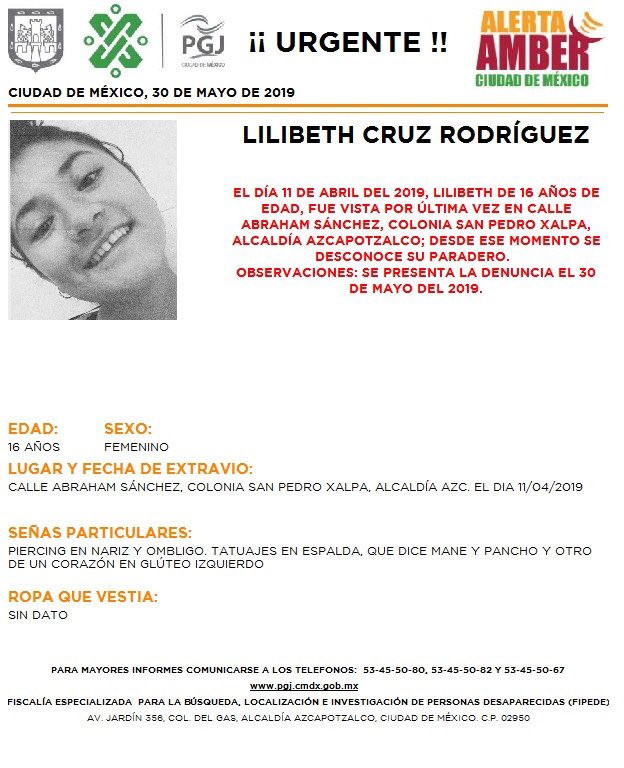 Foto Alerta Amber para localizar a Lilibeth Cruz Rodríguez 31 mayo 2019