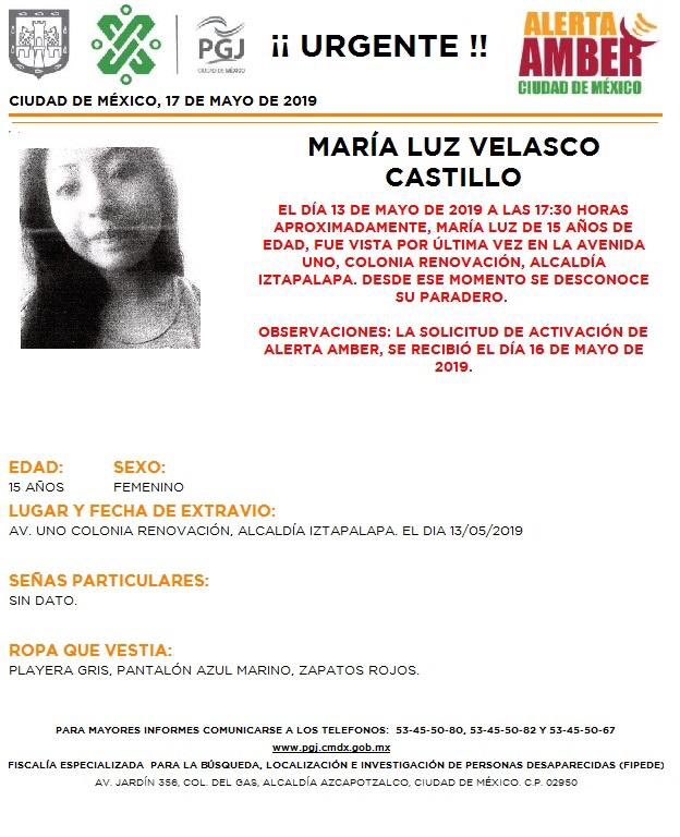 Foto Alerta Amber para localizar a María Luz Velasco Castillo 17 mayo 2019
