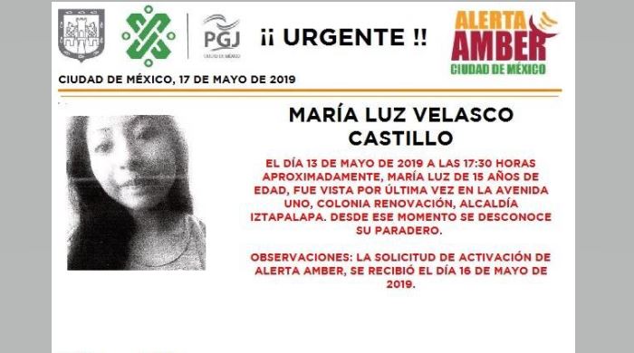 Alerta Amber: Ayuda a localizar a María Luz Velasco Castillo