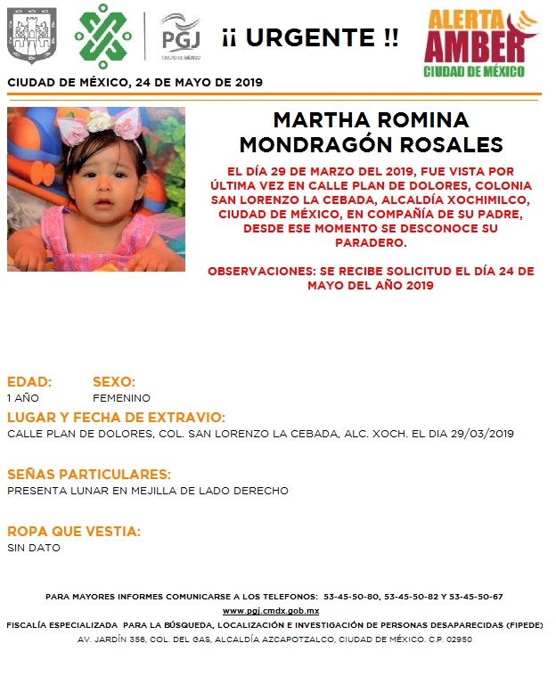 Foto Alerta Amber para localizar a Martha Romina Mondragón Rosales 24 mayo 2019