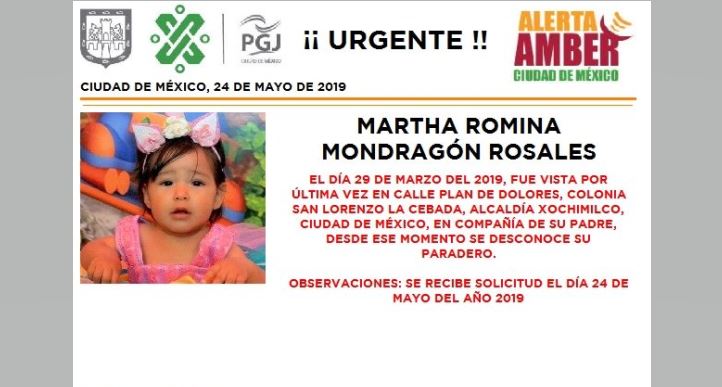 Foto Alerta Amber para localizar a Martha Romina Mondragón Rosales 24 mayo 2019
