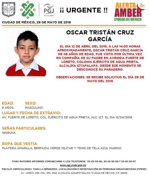 Foto Alerta Amber para localizar a Oscar Tristán Cruz García 29 mayo 2019
