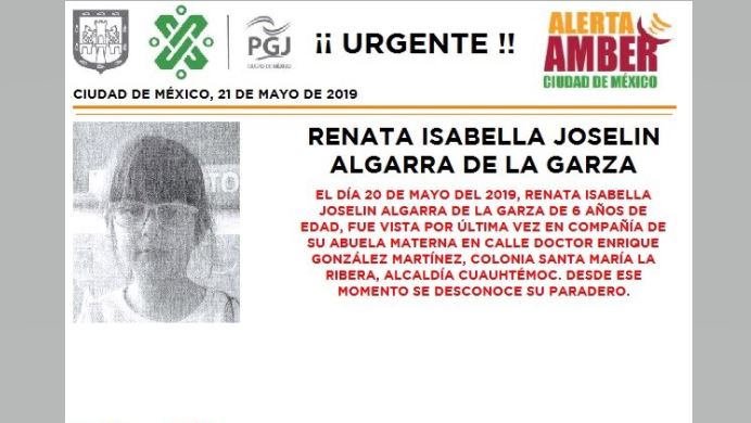 Alerta Amber: Ayuda a localizar a Renata Isabella Joselin Algarra de la Garza