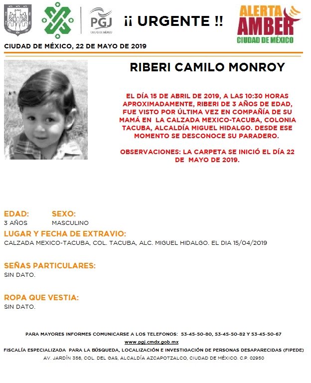 Foto Alerta Amber para localizar a Riberi Camilo Monroy 23 mayo 2019