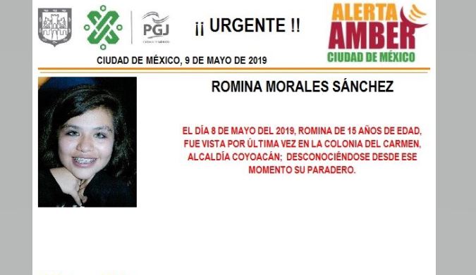Foto Alerta Amber para localizar a Romina Morales Sánchez 9 mayo 2019
