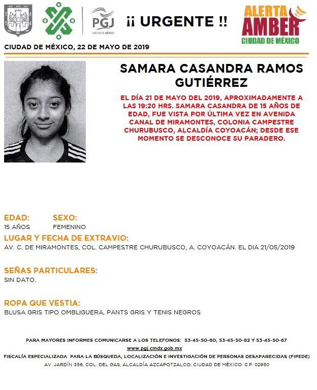Foto Alerta Amber para localizar a Samara Casandra Ramos Gutiérrez 22 mayo 20196