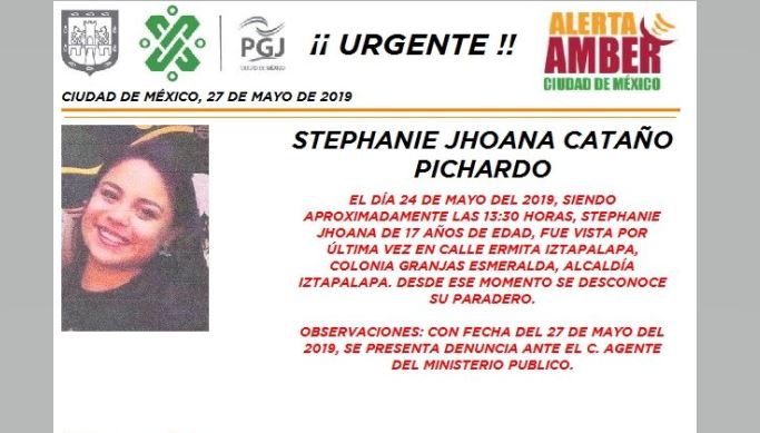 Foto Alerta Amber para localizar a Stephanie Jhoana Cataño Pichardo 28 mayo 2019