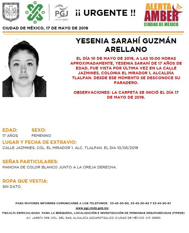 Foto Alerta Amber para localizar a Yesenia Sarahí Guzmán Arellano 17 mayo 2019