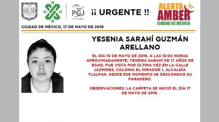Alerta Amber: Ayuda a localizar a Yesenia Sarahí Guzmán Arellano