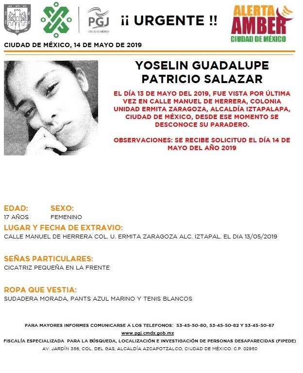 Foto Alerta Amber para localizar a Yoselin Guadalupe Patricio Salazar 15 mayo 2019