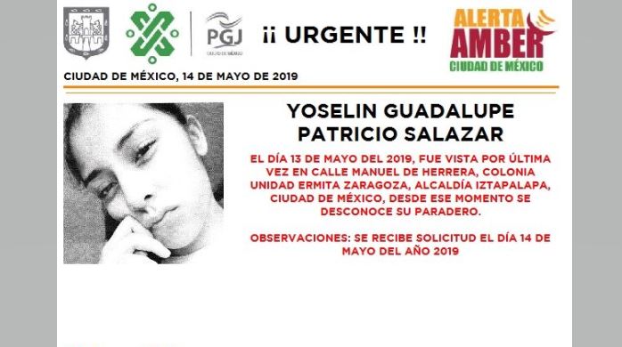 Foto Alerta Amber para localizar a Yoselin Guadalupe Patricio Salazar 15 mayo 2019