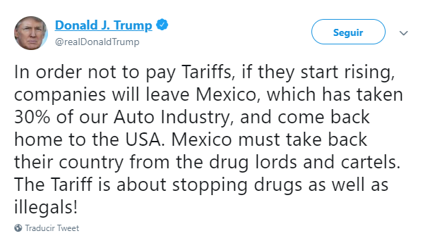 Foto: Tuit de Trump sobre retiro de empresas de EU, 31 de mayo de 2019, Estados Unidos