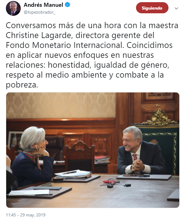 IMAGEN AMLO se reúne con directora del Fondo Monetario Internacional en Palacio Nacional (Twitter @lopezobrador_ 29 mayo 2019 cdmx)