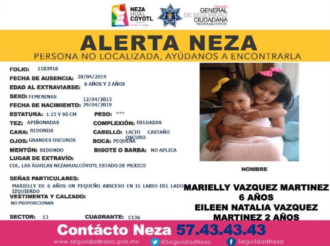 Las autoridades municipales también emitieron una alerta de búsqueda para las dos pequeñas, Marielly y Eileen Vázquez Martínez (Twitter @siadeac)